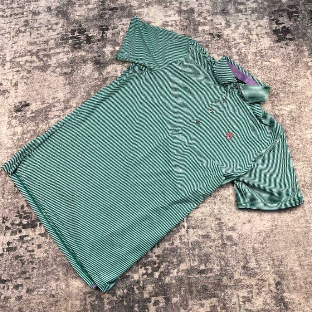 Greyson Men Medium Green White Striped Golf Polo Performance Spandex Wolf Logo‎
